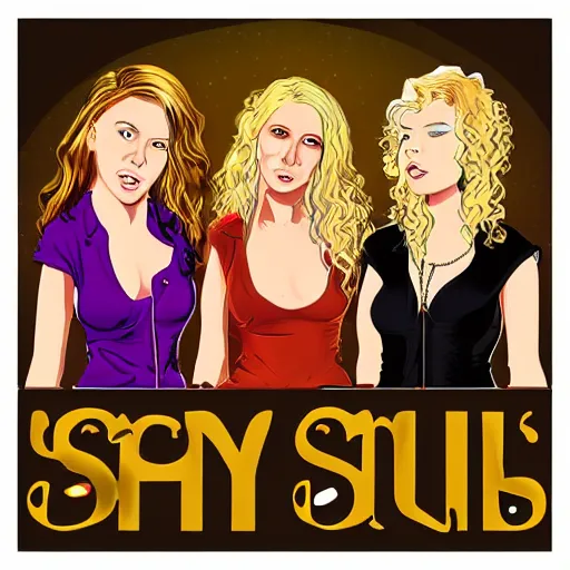 Prompt: illustration of a pop rock music group named'shiny souls'with two woman singers with blonde hair and one woman singer with brown curly hair, digital art