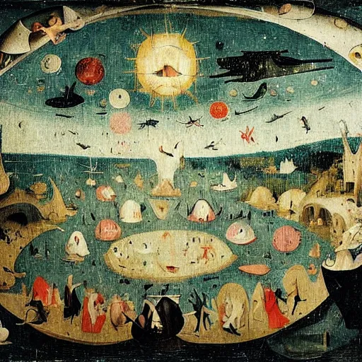 Image similar to The performance art shows a group of flying islands, each with its own unique landscape, floating in the night sky. The islands are connected by a network of bridges, and a small group of people can be seen walking along one of the bridges. Mediterranean by Hieronymous Bosch straight