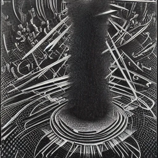 Image similar to empty dark black void, extremely detailed intricate masterpiece by dr. seuss and max ernst