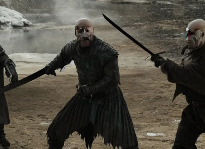 Image similar to a screenshot of walter white fighting the night king with a sword in an episode of game of thrones