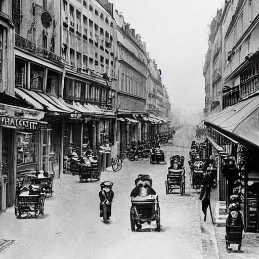 Prompt: une rue de paris vide avec des voitures garees, un restaurant avec une terrasse, des boutiques avec des neons, en debut de matinee en 1 8 7 5