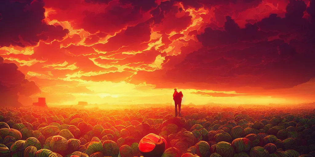 Prompt: watermelon sunset, stormy clouds, beautiful dramatic lighting, 8 k illustration, golden hour, intricate, richly detailed, photorealistic imagery, artstation render inspired by victo ngai and kilian eng vibrant colours, dynamic lighting, digital art, winning award masterpiece