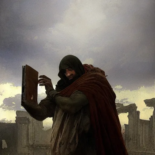 Image similar to portait of magican wearing a closed cerimonial cowl and big old book! chained to the wrist, jeremy mann, jean - leon gerome, tiepolo, alphonse mucha, greg rutkowski, face in the shadows, ( ( ruins of ancient rome ) ), at dusk, mysterious atmosphere, sunrays, dof, high detailed, 8 k