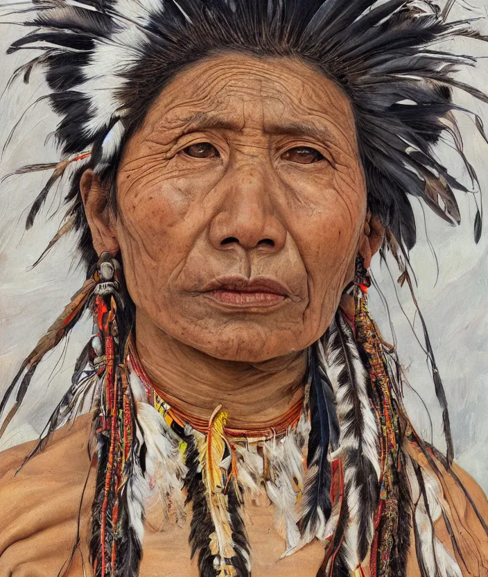 Image similar to full body shot picture of indigenous people young slim fit woman leader in canyon, painted by lucian freud, beautiful feathers, hd, super detailed, realistic