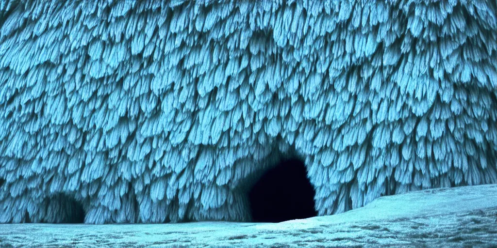 Image similar to a strange huge translucent pvc inflated organic architecture building with blue fluffy fur inside by anish kapoor sits in the rock mountains, film still from the movie directed by denis villeneuve with art direction by zdzisław beksinski, close up, telephoto lens, shallow depth of field