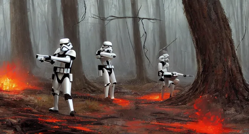 Prompt: stormtroopers shooting red blaster bolts at a young blonde jedi with short hair in a burned lifeless forest with burned trees and plants concept art by Doug Chiang cinematic, realistic painting, high definition, digital art, symmetrical, very detailed, extremely high detail, photo realistic, concept art, unreal engine 5, the Mandalorian concept art style