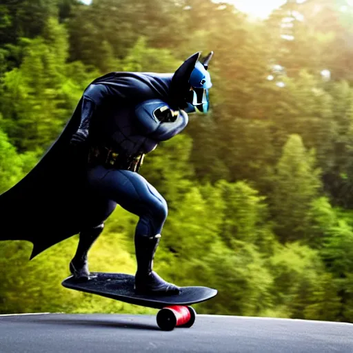 Image similar to batman riding downhill longboard, sliding, photo