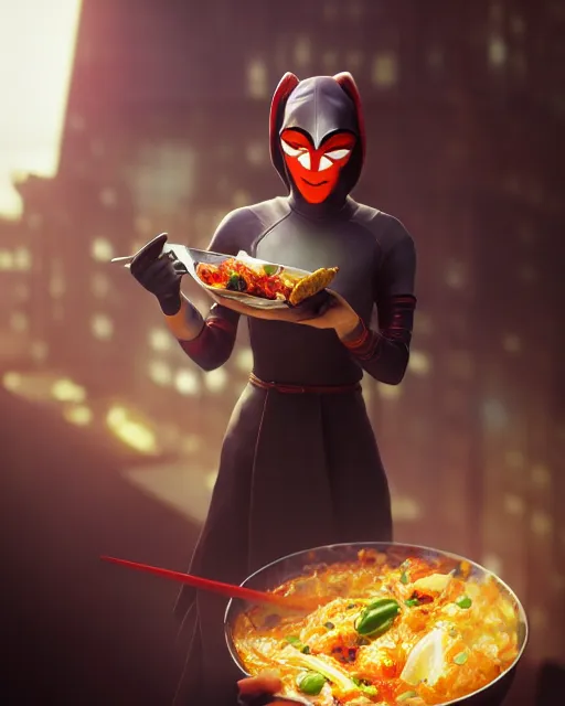 Image similar to movie still macro close photo of anonymous holding stirfry to face, by weta disney pixar greg rutkowski wlop ilya kuvshinov rossdraws artgerm octane render iridescent, bright morning, liosh, mucha