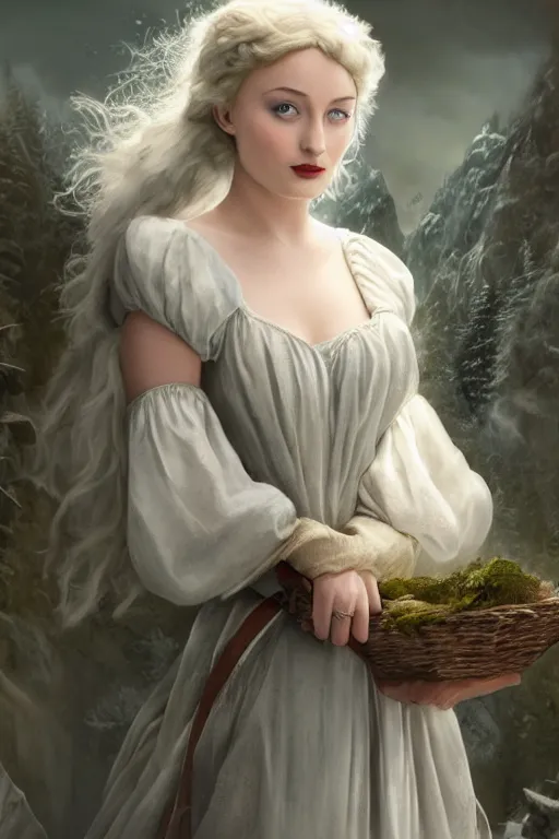 Prompt: matte painting of sophie turner as snow white, by greg rutowski