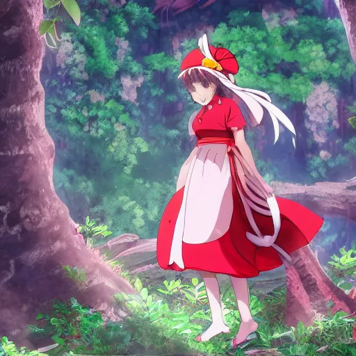 Prompt: a sakuga of reimu in the jungle wearing bonnet