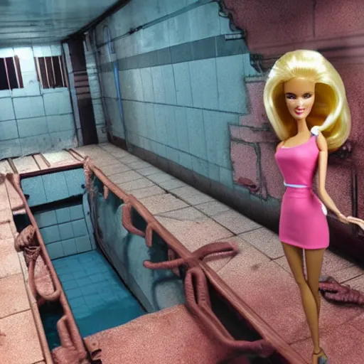 Prompt: cctv footage of 6 ft tall barbie fighting human soldiers in the sewers in the style of movie poster