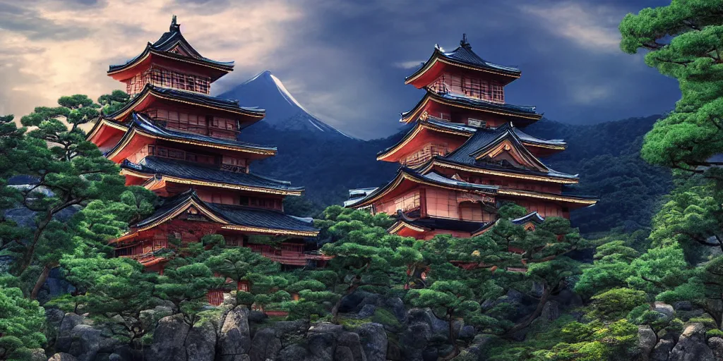 Image similar to a beautiful japanese castle on a mountain in a dark forest, highly detailed, volumetric lighting, digital painting