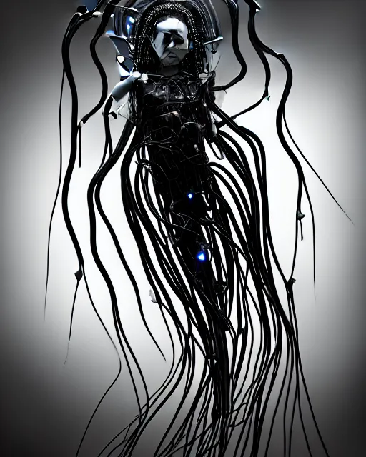 Image similar to black and white young cyborg-human-jellyfish-plant goddess high quality photo, microchip, artificial intelligence, bio-mechanical bio-luminescence, black wired cables, neurons, nerve cells, octane render, cinematic, rim light, hyper realism, photo-realistic, high detail, 8k, masterpiece, high fashion, in the style of Steven Meisel and Dora Maar and H.G. Giger