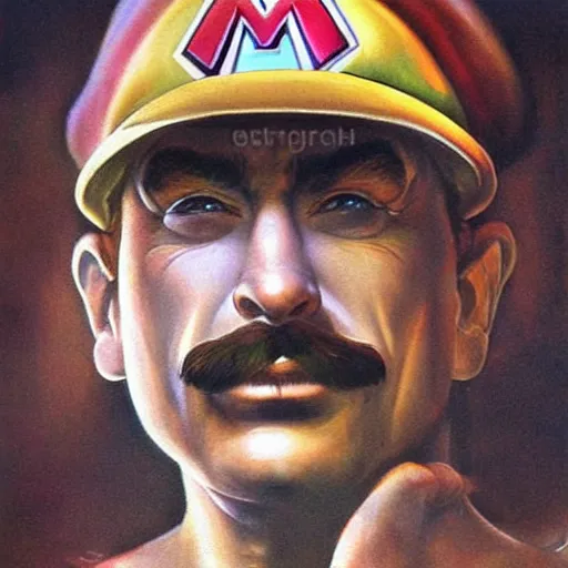 Image similar to An ultra realistic portrait of Mario drawn in colors by Frank Frazetta, Realistic, Dark Fantasy, Epic Lighting