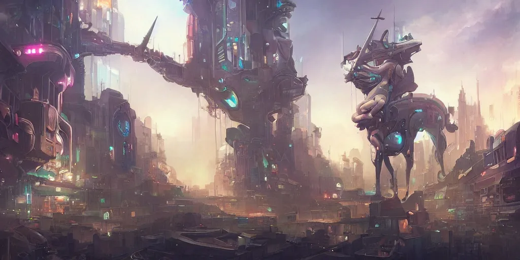 Prompt: unicorn in a futuristic cyberpunk town. By Peter Mohrbacher, highly detailed