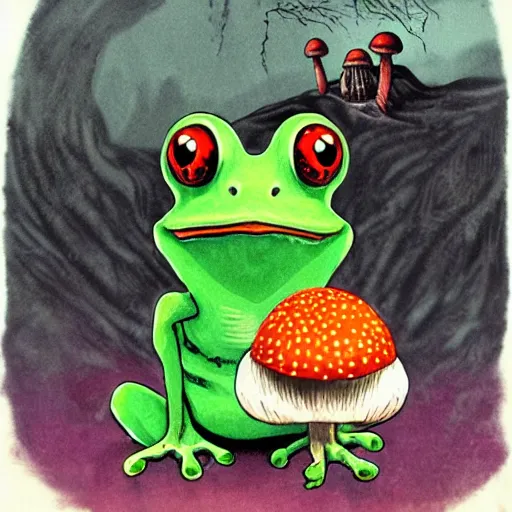 Image similar to A portrait of a scary godlike frog eating a fairy. award winning. superb resolution. in the art style of junji Ito and greg rutkowski . Detailed Mushroom city in background. Hyper realistic anime. Perfect art. Dalle2