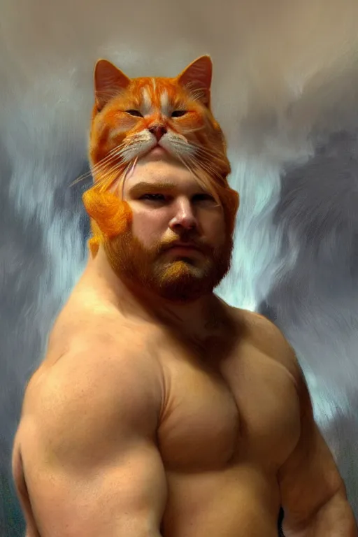 Image similar to painted portrait of rugged fat orange cat, god of thunder, greek god, white hair, masculine, powerful, handsome, upper body, white robe, muscular, hairy torso, fantasy, intricate, elegant, highly detailed, digital painting, artstation, concept art, smooth, sharp focus, illustration, art by gaston bussiere and alphonse mucha