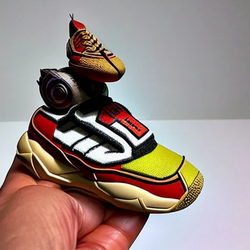 Image similar to realistic scultpure of plastic toy sneaker! design, sneaker design overwatch botw fantasy style mixed with aztec mayan native street fashion, focus on sneakers only, shoes designed by akira toriyama and studio ghibli