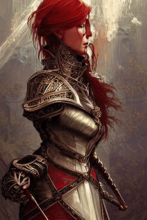 Image similar to beautiful luxury and elite and victorian and holy medieval female red and white color armor knight portrait+smoky eyes+light flowing hair, in ruin gothic cathedral, ultradetail face, art and illustration by tian zi and craig mullins and WLOP and alphonse mucha, fantasy, intricate complexity, human structure, fantasy world concept, watermark, blurry, hyperrealism 8k