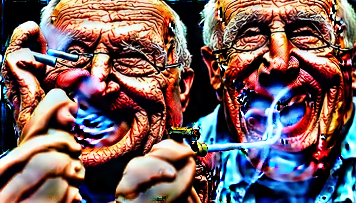 Prompt: hyper realistic color photo, portrait of a single weathered old man, aesthetic laughing woman smoking pipe, cables, vapour emerge from their eyes, dramatic lighting and shadow!!, full colour, upscale, 8 k, masterpiece