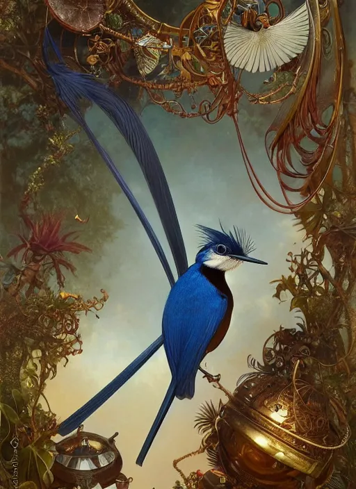 Image similar to hyper realistic paradise flycatcher, refined details, denoised, birds eye view, magical, gems, jewels, gold, steampunk, cyberpunk utopia, painted by tom bagshaw, mucha, gaston bussiere, craig mullins, j. c. leyendecker 8 k