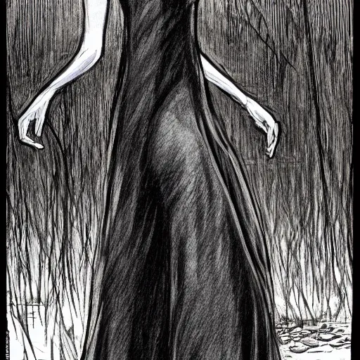 Image similar to tall slender woman with long grey hair in a black dress walking out of a swamp, concept art, high resolution, high quality, highly detailed, elaborate, by ec comics,