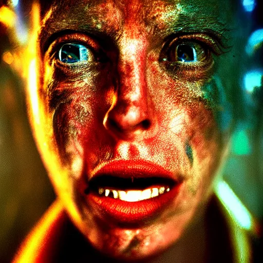 Prompt: portrait of bellringer form lexx by lee jeffries, hyper - detailed, crystal, rainbows, neon, imax, film footage, perfect lighting