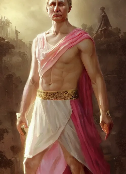 Prompt: vladimir putin as a magnificent beautiful greek god in a crown and short pink balerrina skirt by greg rutkowski