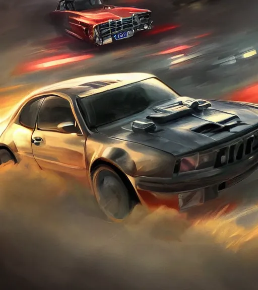 Image similar to high quality high detail painting by alberto mielgo and jaime jones, car chase, cinematic, hd