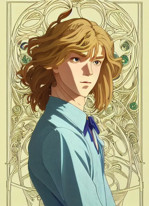 Image similar to pretty young man with shoulder length blond hair, male, half body shot, path traced, highly detailed, high quality, digital painting, by studio ghibli and alphonse mucha, leesha hannigan, hidari, art nouveau, chiho aoshima, posuka demizu