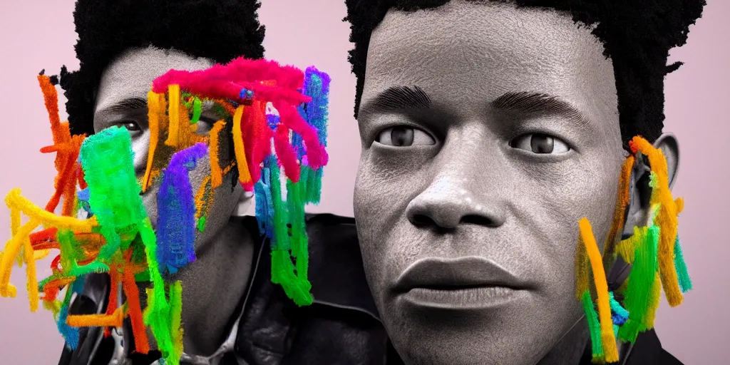Image similar to a perfect bust of Jean-Michel Basquiat made out of rainbow ethereal pipe cleaners, 3D cinematic lighting, 90 degree spotlighting, photorealism, octane render, depth of field, 8k, 35mm, artgem, Trending on artstation