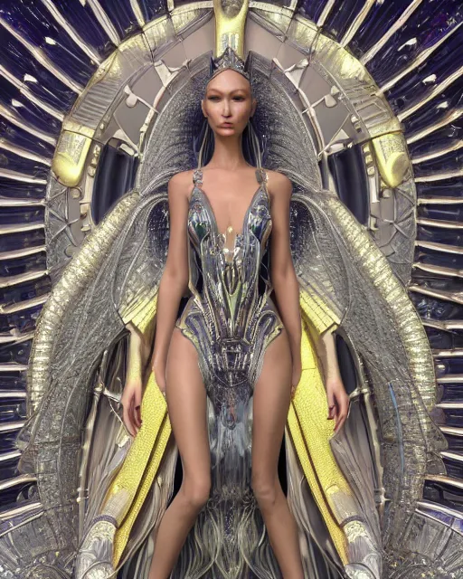 Image similar to a highly detailed metahuman 4 k close up render of an alien goddess bella hadid as siren in iris van herpen dress schiaparelli in diamonds crystals swarovski and jewelry iridescent in style of alphonse mucha gustav klimt trending on artstation made in unreal engine 4