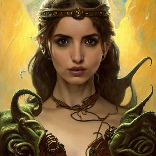 Prompt: half length portrait of ana de armas as a warlock using cthulhu magic, d & d, medieval, fantasy, royo, klimt, miro, vallejo, frazetta, alphonse mucha, greg rutkowski, whealan