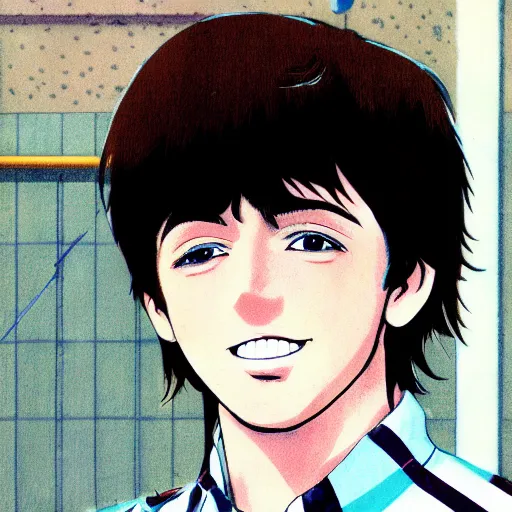 Prompt: anime illustration of young Paul McCartney from the Beatles, wearing a blue check shirt, long sideburns, on a yacht at sea, smiling at camera, ufotable