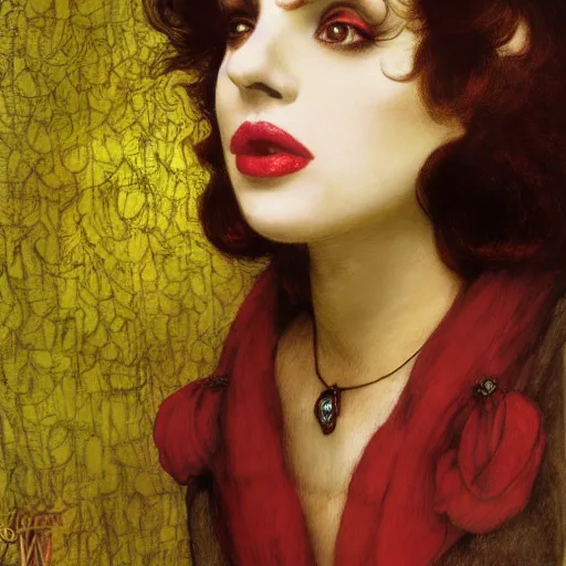 Image similar to hybrid of judy garland and lady gaga, brown fringe, large beautiful facial features, huge downslanted eyes, large full lips, full body shot, reclining bed cool stylish, yellow ochre ornate medieval dress, john william waterhouse, kilian eng, rosetti, john everett millais, william holman hunt, william morris, 4 k