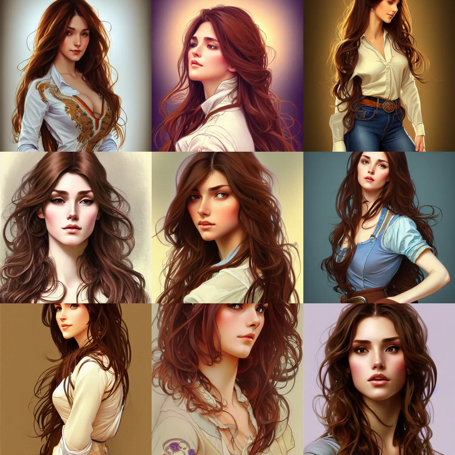 Image similar to a gorgeious woman with long brown hair wearing a blouse and jeans, highly detailed, digital painting, artstation, concept art, smooth, sharp focus, illustration, art by artgerm and alphonse mucha