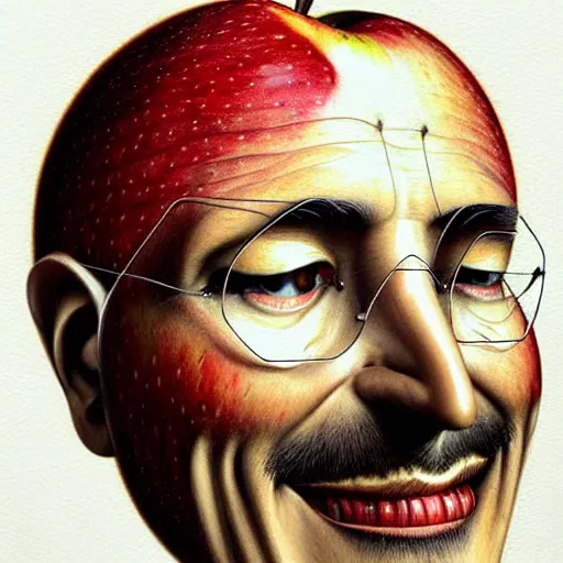 Image similar to a pile of apples, apples, apples arranged in the shape of a face resembling steve jobs, apples, fantasy, intricate, elegant, highly detailed, lifelike, photorealistic, digital painting, artstation, illustration, smooth, sharp focus, art by giuseppe arcimboldo