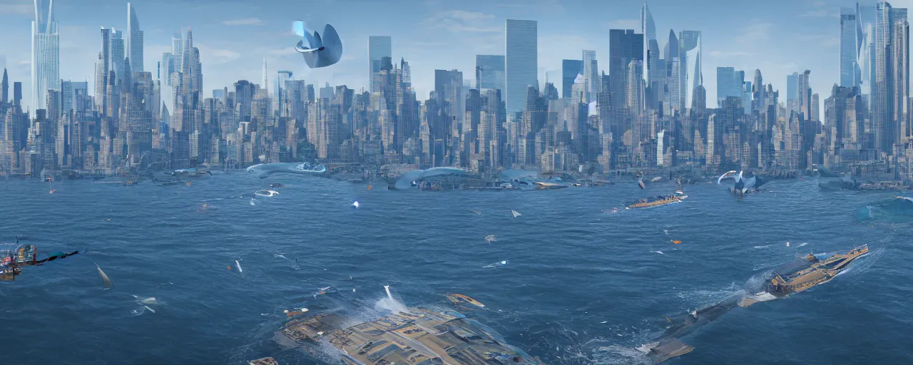 Image similar to huge blue whales sailing over the skyline over new york city, 8 k uhd, unreal engine, octane render in the artstyle of finnian macmanus, john park and greg rutkowski