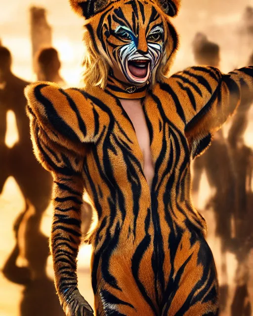 Image similar to A detailed photo of margot robbie wearing a tiger suit, detailed face, highly detailed, cinematic, full body shot, 4k, hd, sharp