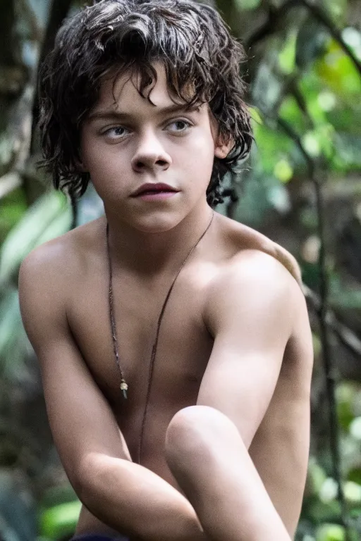 Prompt: young harry styles plays mowgli in the live action adaptation of the jungle book, 3 5 mm photography, highly detailed, cinematic lighting, 4 k