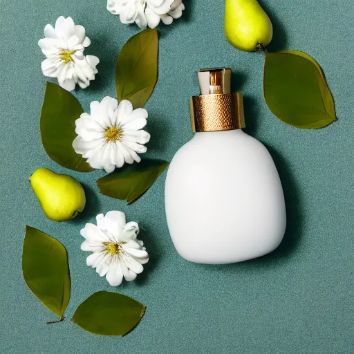 Image similar to perfume bottle surrounded by white flowers, green leaves, and pears, soft zen minimalist, white background, bright, crisp