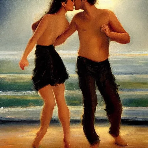 Prompt: A brunette Colombian woman and a Caucasian man dance on a misty pier at midnight, sensual, romantic, oil painting