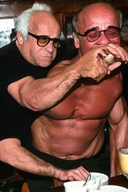 Image similar to danny devito with a buff arnold schwarzenegger body flexing in paddy's pub