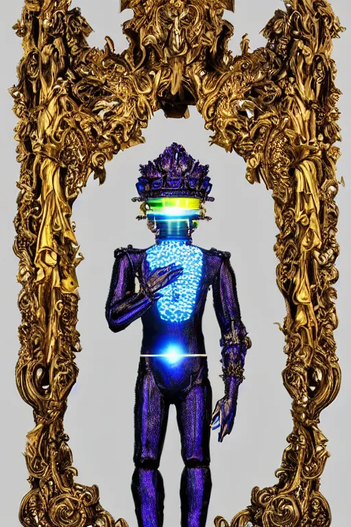 Image similar to full-body sculpture of a young handsome Colombiano prince as a half cibernetic android with a glowing blue battery in his chest, white laser beam coming out of his eyes, crown of giant diamonds, flowing neon-colored silk, fabric, raptors, in a cyperbunk and baroque style. baroque elements. full-length view. baroque element. intricate artwork by caravaggio. many many birds birds on background. Trending on artstation, octane render, cinematic lighting from the right, hyper realism, octane render, 8k, depth of field, 3D