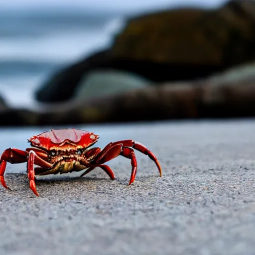 Image similar to A crab contemplating the sea. Peaceful. Hyper detailed. Ultra realistic. High quality. High resolution