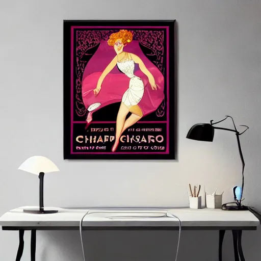 Image similar to art nouveau champagne poster with a happy girl dancing cancan