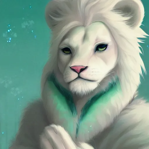 Image similar to aesthetic portrait commission of a albino male furry anthro lion wearing a cute mint colored cozy soft pastel winter outfit, winter atmosphere. character design by charlie bowater, ross tran, artgerm, and makoto shinkai, detailed, inked, western comic book art, 2 0 2 1 award winning painting