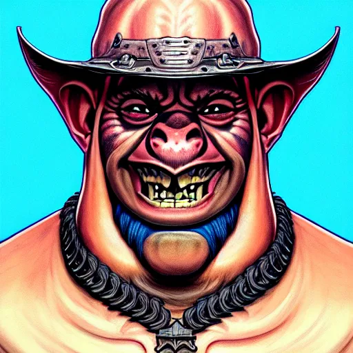 Prompt: portrait painting of a friendly orc policeman with gang tattoos, sharp focus, award - winning, trending on artstation, masterpiece, highly detailed, intricate. art by josan gonzales and moebius and deathburger