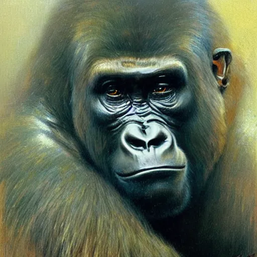 Prompt: highley detailed potrait of a gorilla, painting by gaston bussiere, craig mullins, j. c. leyendecker, lights, art by ernst haeckel, john william godward, hammershøi,