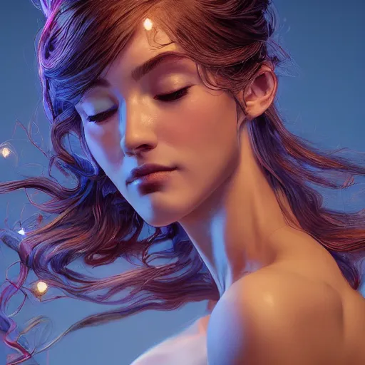 Image similar to the portrait of a blueberry that resembles an absurdly beautiful, graceful, elegant, sophisticated model woman, an ultrafine hyperdetailed illustration by kim jung gi, irakli nadar, intricate linework, bright colors, octopath traveler, final fantasy, unreal engine 5 highly rendered, global illumination, radiant light, detailed and intricate environment